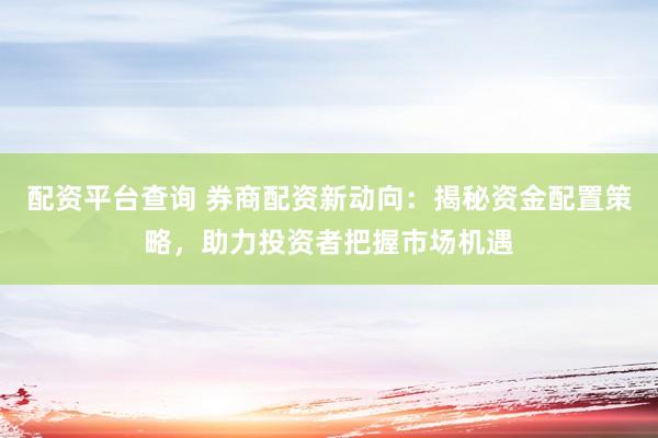配资平台查询 券商配资新动向：揭秘资金配置策略，助力投资者把握市场机遇