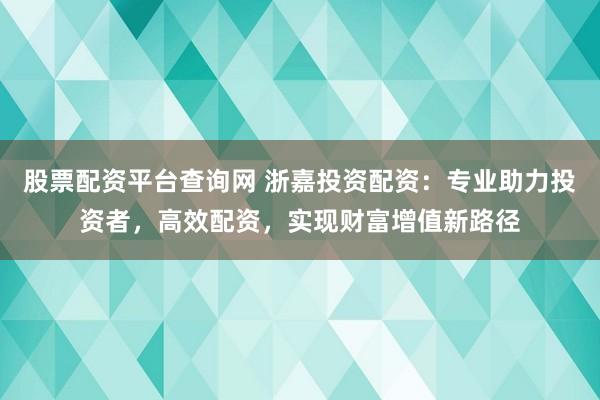 股票配资平台查询网 浙嘉投资配资:专业助力投资者,高效配资,实现财富增值新路径